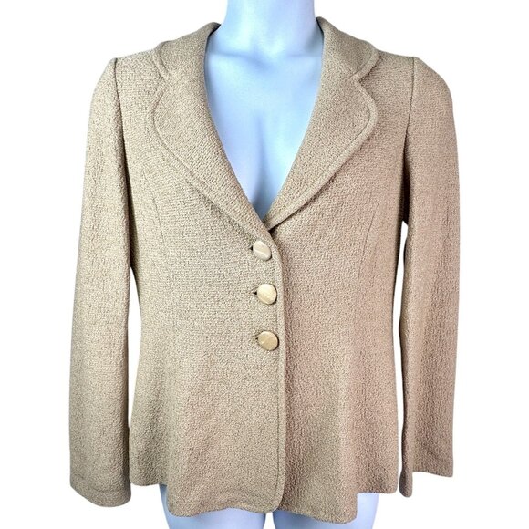 St. John Knit Gold Tan Notch Collar Blazer Wool Blend Jacket Sz 12 Office Siren - Picture 1 of 10